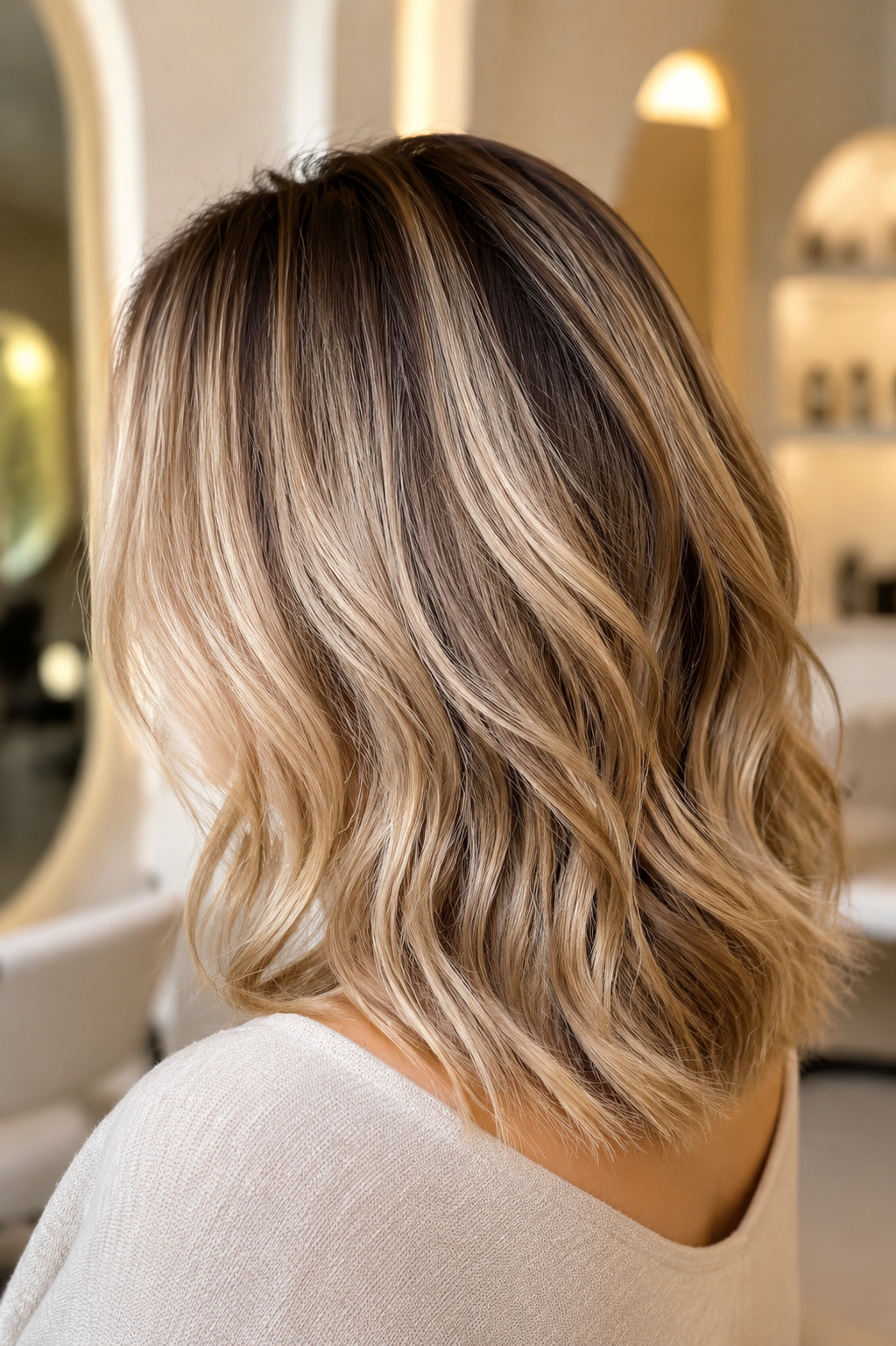 Balayage blond lumineux sur cheveux mi-longs